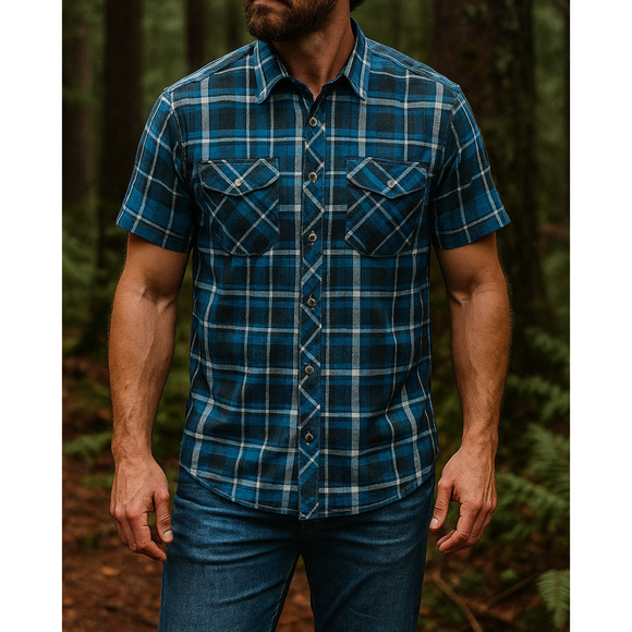 Kuhl Suncel Shirt Blue Plaid Short Sleeve Metal Button Up Outdoor Men's Medium - Picture 1 of 9